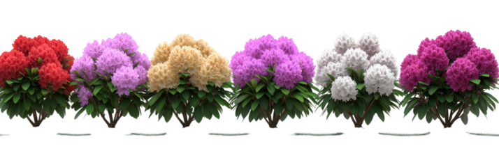 Six Rhododendron Bushes, Multicolored Flowers, Isolated on Transparent Background, 3D Render, Garden Plants, Rhododendron, Shrub, 3D Model