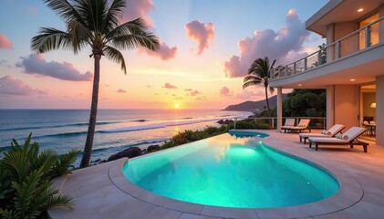 Fototapeta premium Luxury villa with private pool and stunning ocean views, perfect for a relaxing getaway Enjoy breathtaking sunsets and outdoor living at its finest , beach, architecture, sunshine