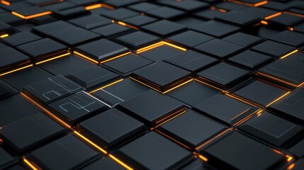 Black squares with orange glow create a futuristic, abstract 3D background.