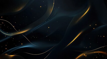 Elegant abstract dark blue background with golden glowing lines and sparkles.