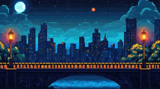 Pixel art cityscape at night with moon, bridge, and glowing lampposts.
