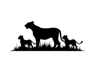 Lioness with Two Cubs in Grass Silhouettes