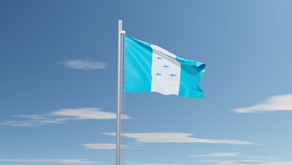 3D rendering of the Honduras national flag, featuring three horizontal stripes—blue, white, and blue—with five blue stars in the center, waving atop a snow-covered mountain peak, symbolizing unity and