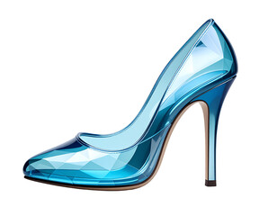 A vibrant,  clear blue glass high-heeled shoe