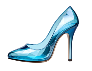 A vibrant,  clear blue glass high-heeled shoe