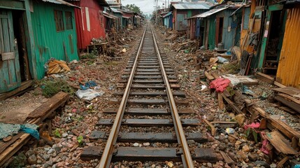 Railroad tracks cutting through a impoverished shantytown, showing dilapidated homes and debris.
