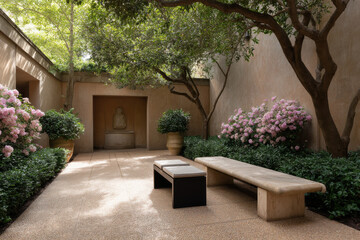 serene courtyard in cis city surrounded by lush greenery and colorful flowers