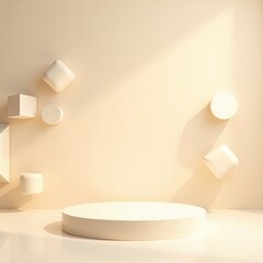 Minimalist podium with geometric shapes against a beige background