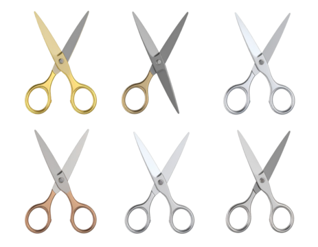 Six pairs of scissors in various metallic colors