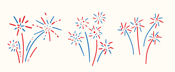 Happy Independence Day 4th of July vector doodle illustrations. Party holiday United States of America firecrackers I the sky, flag colors. 