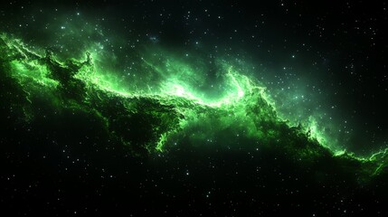 Emerald Nebula: A vibrant panorama of space, showcasing a mesmerizing cosmic cloud of emerald and green hues, illuminated by the radiant light of distant stars. 