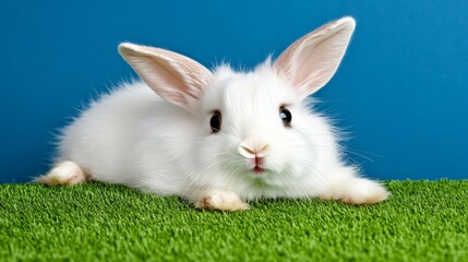 Adorable white rabbit lying on green grass against a blue background
