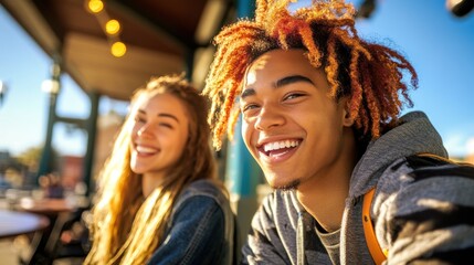 Obraz premium Happy diverse young couple smiling outdoors.