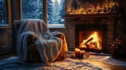 Cozy winter scene with a fireplace, armchair, blanket and snowy view.