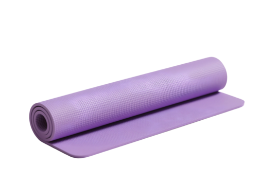 A rolled up lavender yoga mat isolated on a black background promoting wellness and fitness activities and emphasizing relaxation and exercise