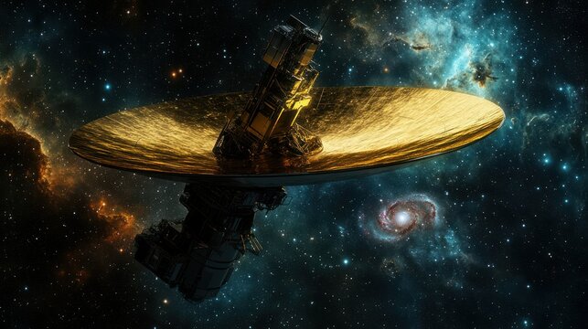 Satellite in space, golden dish with galaxy and nebula background, cosmic exploration.