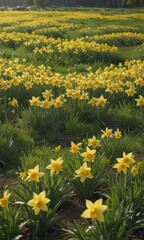 Fototapeta premium Sunlit daffodil field, vibrant yellow blooms, lush green grass, daffodils, daffodil field