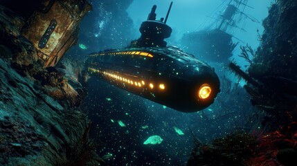 A submarine explores the depths of the ocean, by a sunken shipwreck.