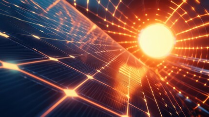 Obraz premium Illustration of solar panels with glowing lines and a central energy source.