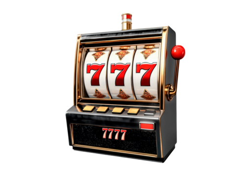 Classic slot machine displaying three sevens isolated on transparent background