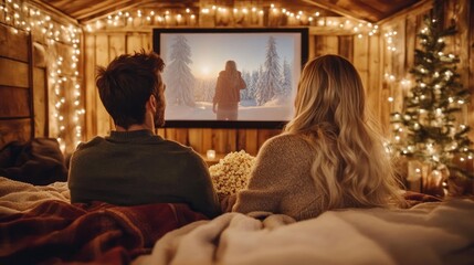 Couple enjoying movie night in cozy cabin.