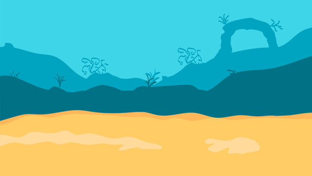 2d undersea background, ocean or sea, underwater background. Empty bottom with rocks, fish silhouettes