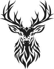 Deer Head Illustration - Tribal Deer Head with Antlers Vector Illustration in Black and White