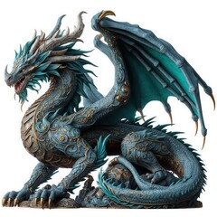 isolated illustration of majestic blue gray dragon, graphic fantasy element over white background  