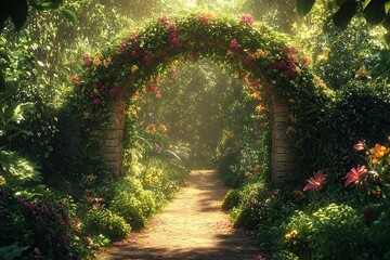 Fototapeta premium A beautiful archway made of lush green plants and flowers in the tropical garden