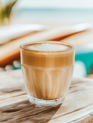 Close-up of a glass cup of coffee on a wooden table. the cup is transparent and has a handle on one side. the coffee is a light brown color and appears to be freshly brewed.