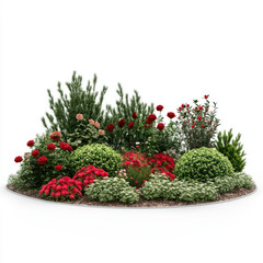 Naklejka premium Lush red flowerbed with shrubs and green foliage