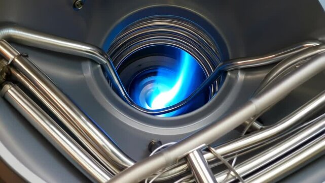 Bright blue plasma flame in metal induction heater, showcasing science, power generation, fusion, future technology, and clean energy concepts.