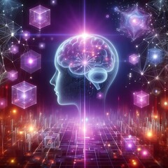 Futuristic sci-fi Surreal AI brain interface connected with floating holographic cube