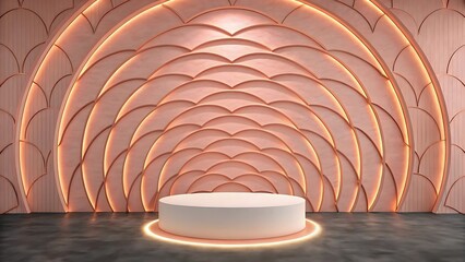 Elegant modern stage design with a pink geometric background and glowing circle