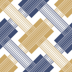 Seamless abstract geometric pattern with a minimalistic design of striped lines and blue and yellow rectangles on a white background. Trendy modern style. Vector illustration.