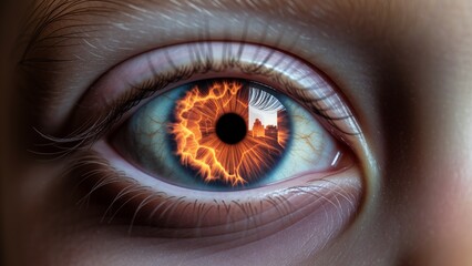 Naklejka premium Child’s Eye Reflecting Burning City – Metaphor of Climate Anxiety and Urban Collapse