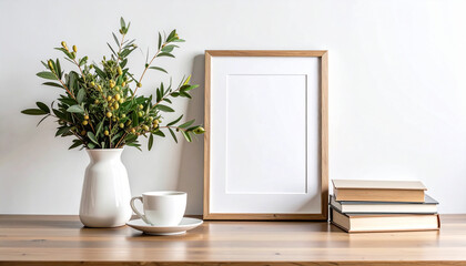 Cozy Breakfast Still Life with Coffee, Books, and Empty Picture Frame on Wooden Table