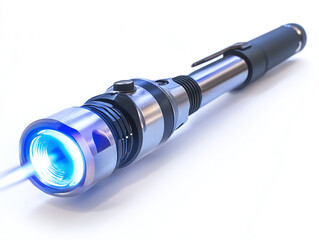 A metalworking hand torch, isolated on a clean white background, with a fine nozzle and ergonomic grip, minimal shadow.