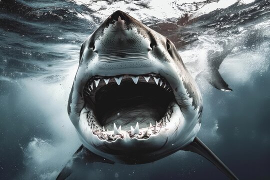 Close-up of a great white shark with its mouth open underwater. Dark blue water and bubbles surround the shark.