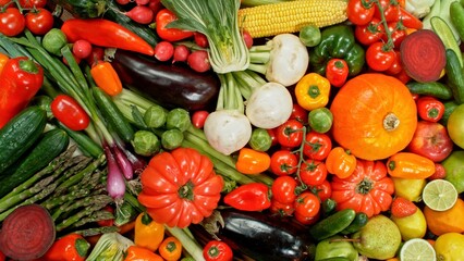 Assortment of Various Kind of Fresh Fruits and Vegetable. High Angle View.