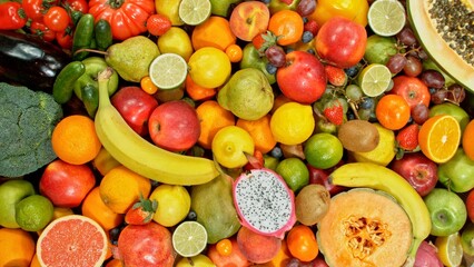 Assortment of Various Kind of Fresh Fruits and Vegetable. High Angle View.