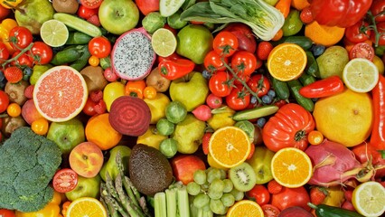 Assortment of Various Kind of Fresh Fruits and Vegetable. High Angle View.