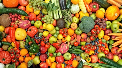 Assortment of Various Kind of Fresh Fruits and Vegetable. High Angle View.