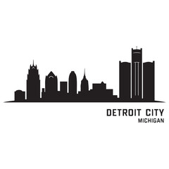 Naklejka premium Detroit City skyline horizontal banner. Black Detroit City, Michigan. Vector template for your design. Vector black silhouette. with white background