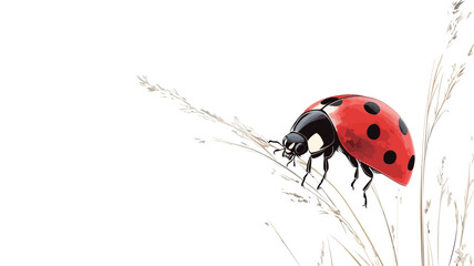 Fototapeta premium Close-up macro photograph of a ladybug perched on a slender grass blade against a stark white background. The image showcases exceptional detail, highlighting the insect's vibrant red elytra.