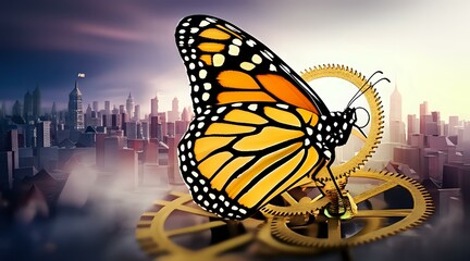 Monarch Butterfly on Gears: A Cityscape Dream