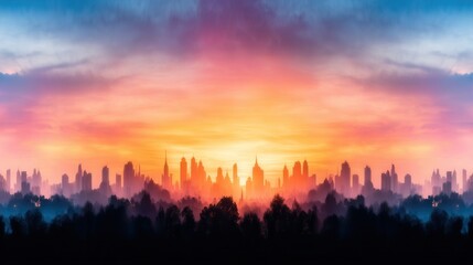 Fototapeta premium Sunrise over a city skyline, vibrant colors, tranquil