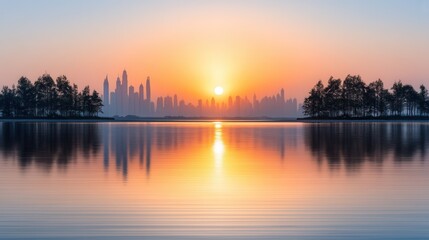 Fototapeta premium Sunrise over a city reflected in a lake. Lush green trees line the water's edge