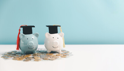 Concept of saving money for education, student loan, scholarship in future. Piggy bank with...