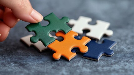 Fototapeta premium Hand Placing Colorful Puzzle Piece on Gray Background Surface
